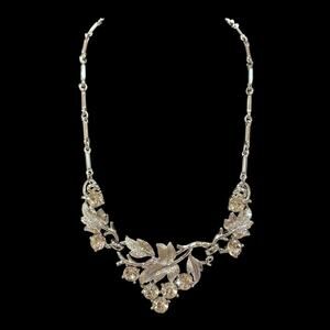 Vintage Coro Clear Rhinestone Leaf Necklace Silver Tone Rhodium Mid Century 16"